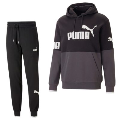 PUMA Power College Block Fleece Hooded Trainingspak Zwart Grijs